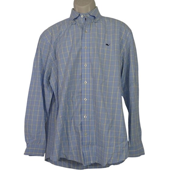 Vineyard Vines Whale Shirt Blue Yellow Plaid Men Size L Long Sleeve Logo - Picture 1 of 11
